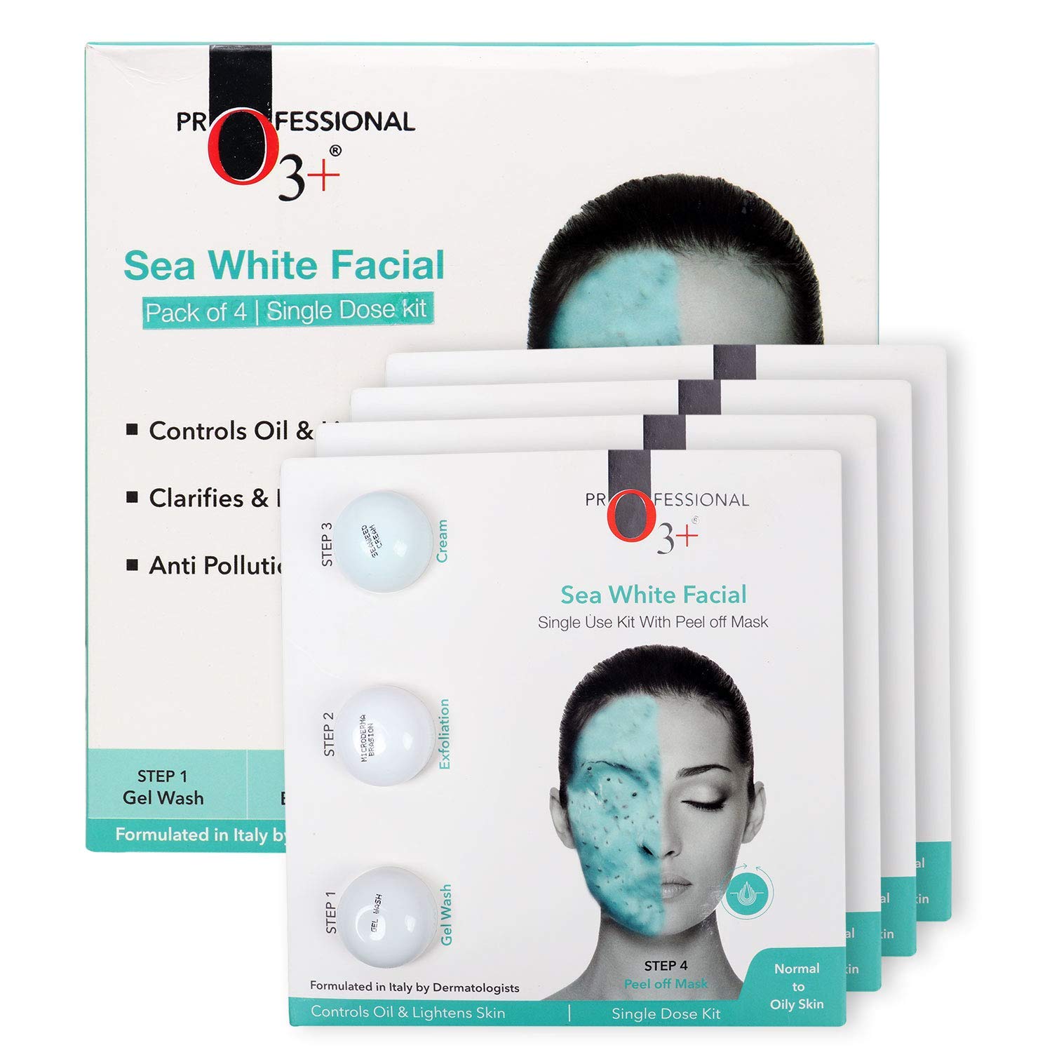 O3+ Sea White Facial Kit Includes Gel Wash, Micro Derma Brasion, Seaweed Cream and Peel Off Mask (Set of 4)