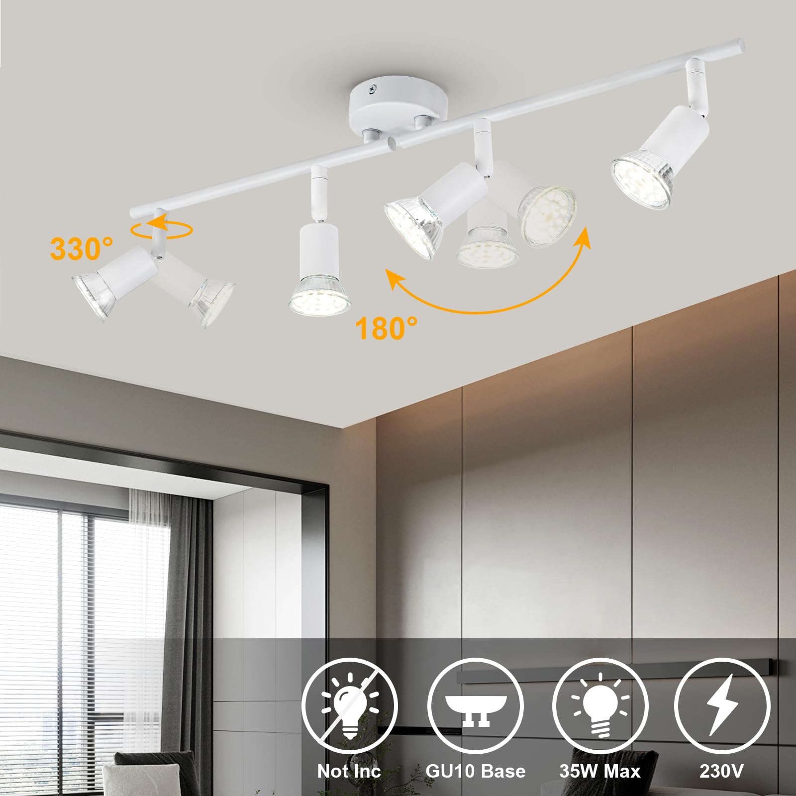 Dougelec Lampa sufitowa 4 reflektory LED obrotowe GU10, oświetlenie sufitowe, lampa sufitowa, lampa punktowa, nowoczesne wnętrze, do kuchni, salonu, sypialni 230 V, biały bez żarówki