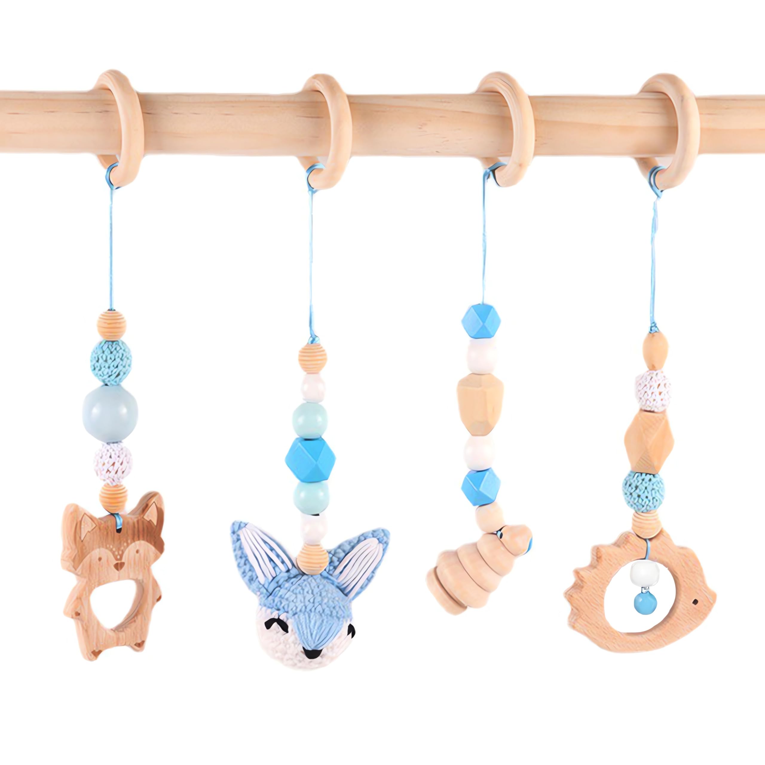 4 Pezzi Palestrina Neonato Montessori, Palestrina Neonato Legno, Giochi per Passeggino da Appendere, Baby Gym con Ciondolo in Legno, per Il Gioco e Il Fitness dei Bambini (Blu)