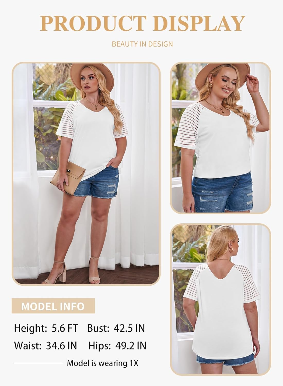 Eytino Women Plus Size Tops Casual Solid Short Sleeve V Neck Striped Mesh Patchwork Loose Blouse Shirts(1X-5X) - Image 3