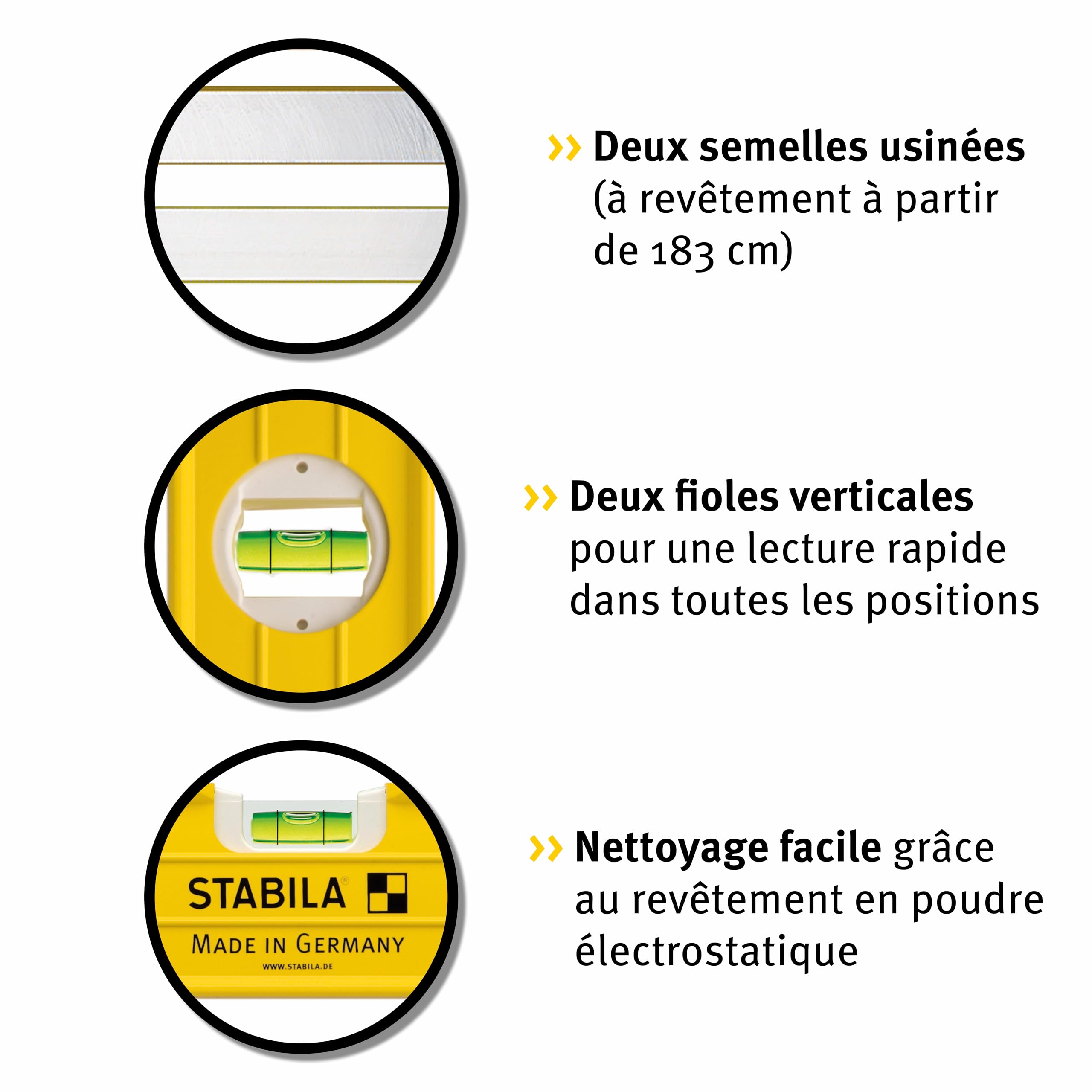 STABILA Niveau à bulle 196-2, 200 cm, alu extra rigide, 1 fiole horizontale & 2 verticales 2 poignées, embouts amortis, antidérapants, Made in Germany
