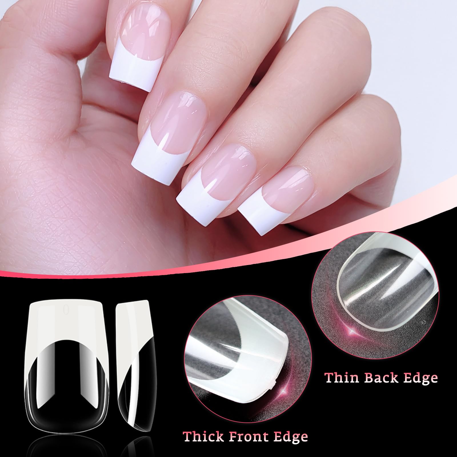 Weiße French Tip Press on Nails, 120 Stück quadratische Nagelspitzen kurze French Tip Nägel, klare Acrylnägel drücken auf volle Abdeckung künstliche Nägel