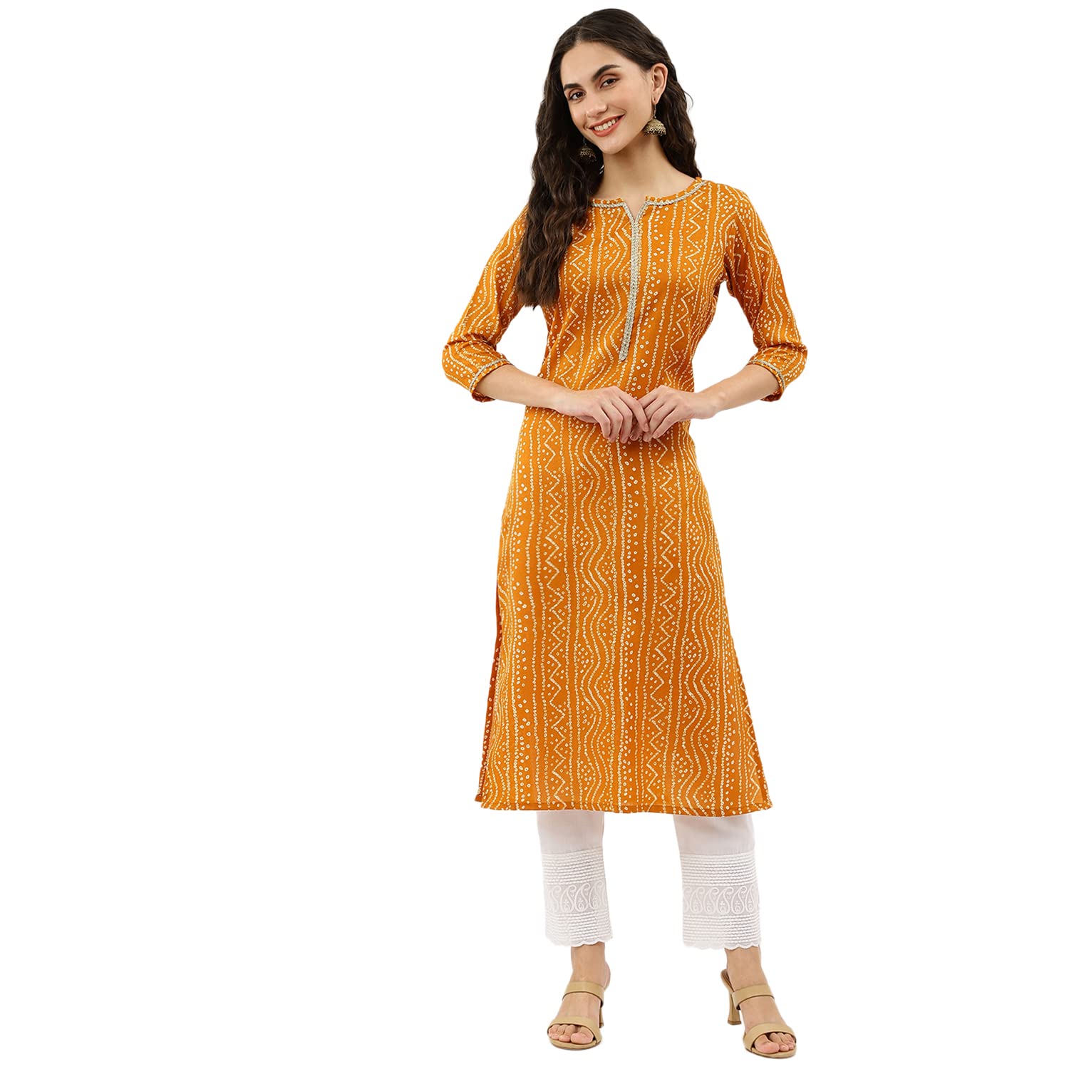 Nainvish Women's Cotton Blend Printed Straight V-Neck Kurta (Sd360_K-Xxl_Yellow)