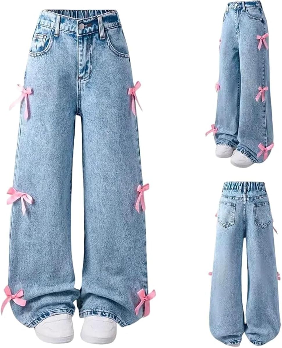 Bow Jeans for Girls Wide Leg Kids Baggy Flare Denim Pants High Waisted Cute Clothes Y2k Outfits with Pockets 6-14Y