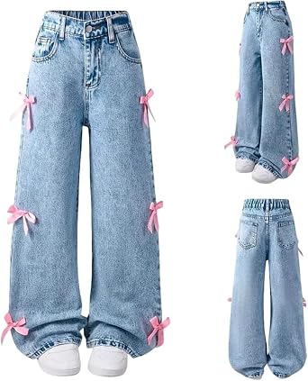 Bow Jeans for Girls Wide Leg Kids Baggy Flare Denim Pants High Waisted Cute Clothes Y2k Outfits with Pockets 6-14Y