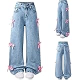 Bow Jeans for Girls Wide Leg Kids Baggy Flare Denim Pants High Waisted Cute Clothes Y2k Outfits with Pockets 6-14Y