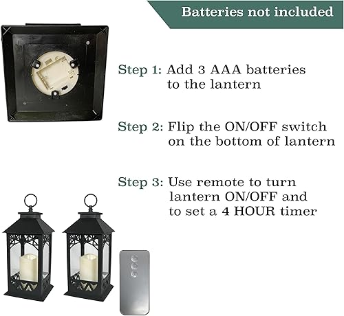 Miniatura 2 de BANBERRY DESIGNS Farol decorativo de plástico negro LED con techo de temporizador de 5 horas y anillo para colgar, 13 pulgadas de alto, paquete de 6