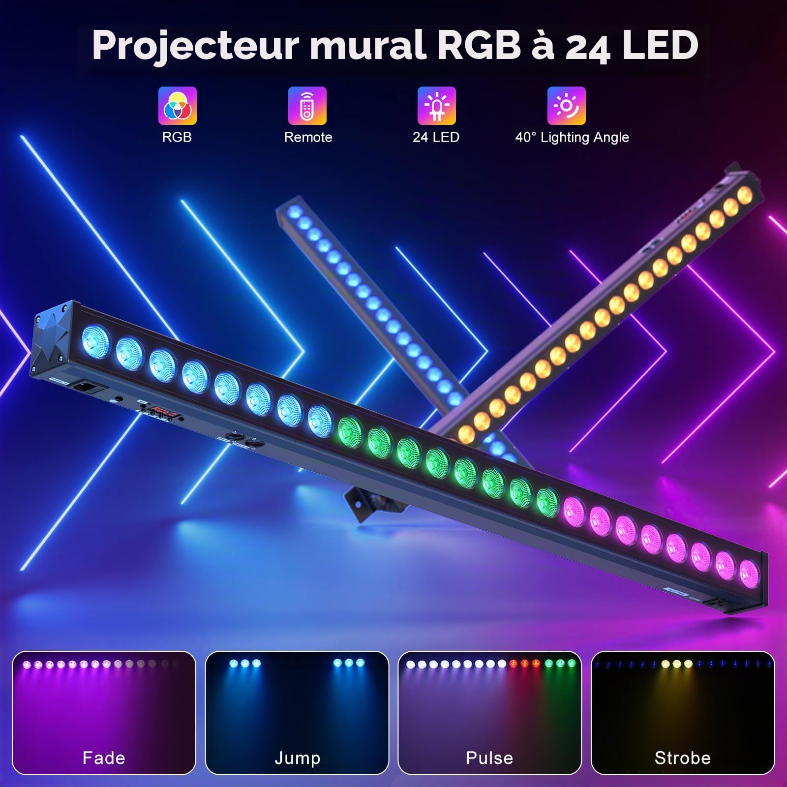 UKing LED Wall Wash Lampe 24LED 72W Lumières de Scène RGB Effet de Lumiere Bar avec Télécommande et Contrôle Sonore dmx Activé pour DJ Fete Éclairage Effets, 1 PCS