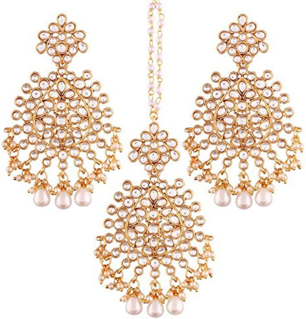 Aheli Ethnic Faux Kundan Drop Pearl Beads Dangle Earrings Maang Tikka Set Bollyood Wedding Party Fashion Jewelry Gift for Women