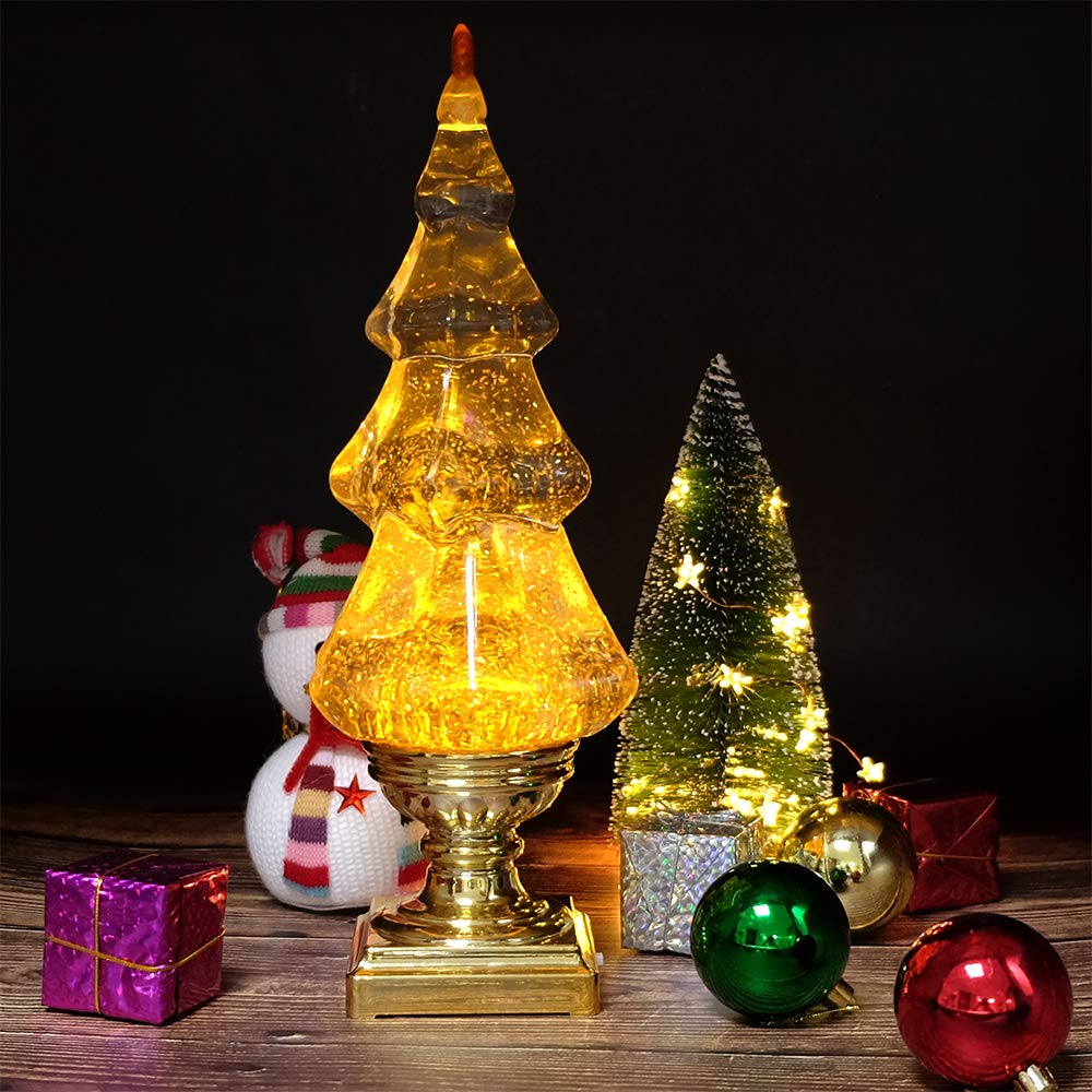 Eldnacele Boule à neige musicale lumineuse en acrylique transparent avec ligne USB et minuterie de 6 heures pour décoration de la maison, piédestal doré de 35,6 cm