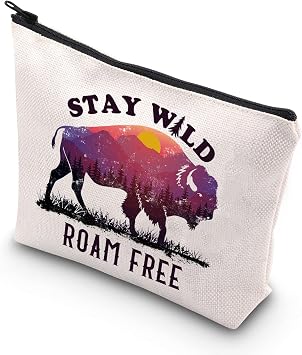 BDPWSS Buffalo Themed Makeup Bag Stay Wild Roam Free Bison Lover Gift Wild West Nature Lover Cosmetic Bag Multicolor