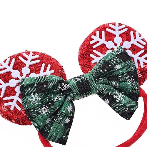 Miniatura 4 de Diadema de nailon con orejas de ratón de Navidad con lazo de lentejuelas banda elástica suave roja para el cabello diadema de disfraz para niñas