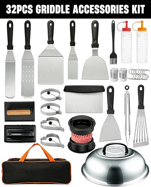 Lorrtta 32pcs Griddle Accessories Kit, Teppanyaki Plancha Flat Top Grill Tools, Spatula Set with Basting Cover, Smash Burger Press, Storage Bag for Outdoor Grilling BBQ, Perfect BBQ Gifts for Men - 5