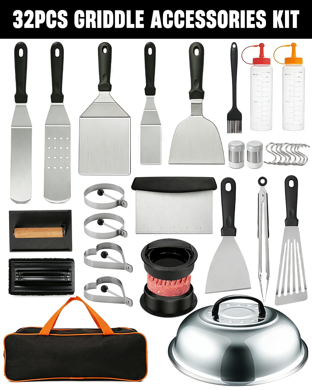 Lorrtta 32pcs Griddle Accessories Kit, Teppanyaki Plancha Flat Top Grill Tools, Spatula Set with Basting Cover, Smash Burger Press, Storage Bag for Outdoor Grilling BBQ, Perfect BBQ Gifts for Men - 5