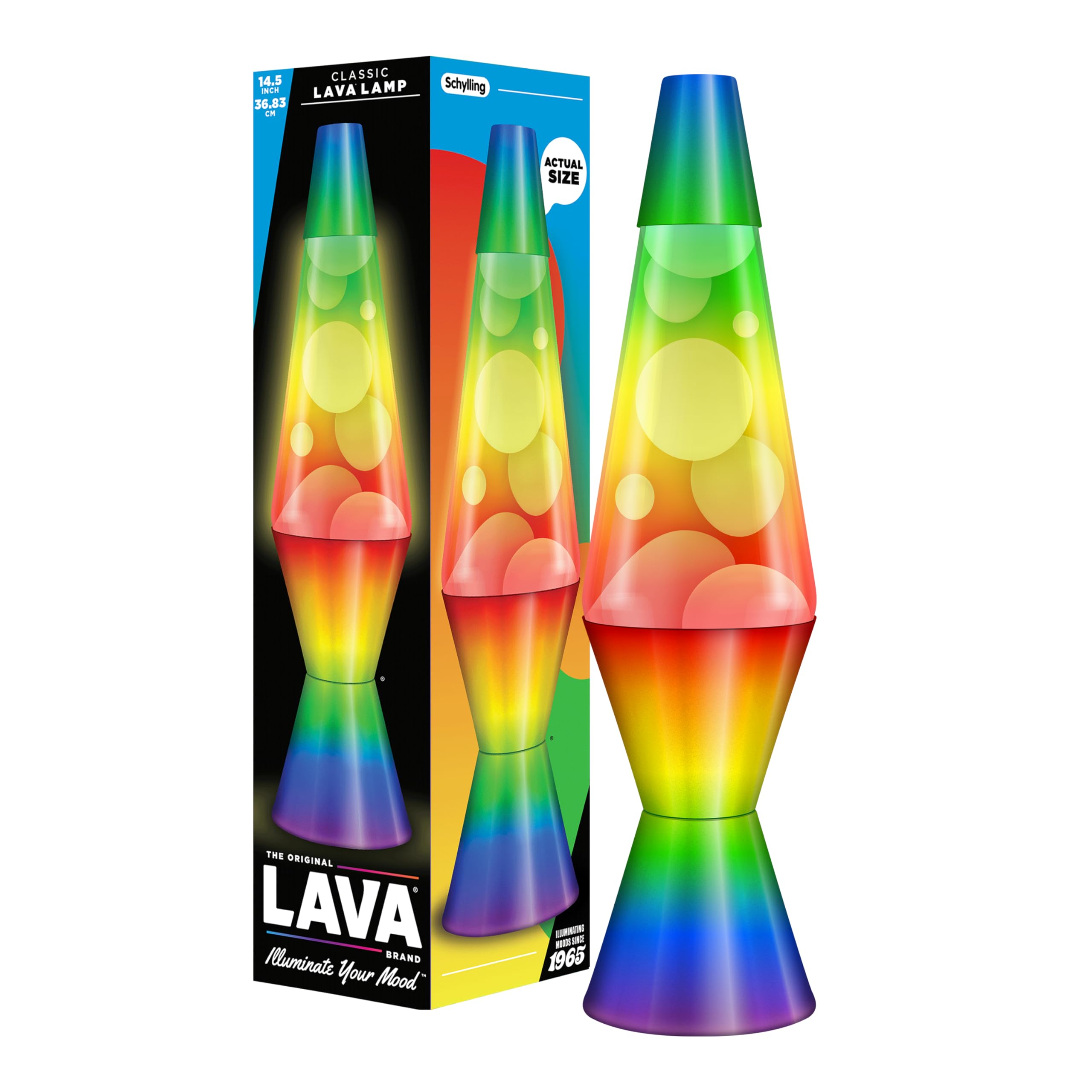 LAVA® - Lampada Arcobaleno 2513, globo tricolore dipinto a mano, cera bianca, liquido trasparente, base e cappuccio decorati, lampada di movimento originale di marca 14,5 pollici
