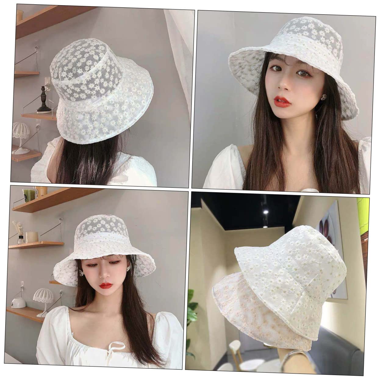 FOMIYES Cappello da Pescatore in Pizzo Ricamato Cappello in Pizzo Cappello da Pescatore per Donna Cappelli da Esterno Protezione UV Cappello da Sole Cappelli da Sole per Donna