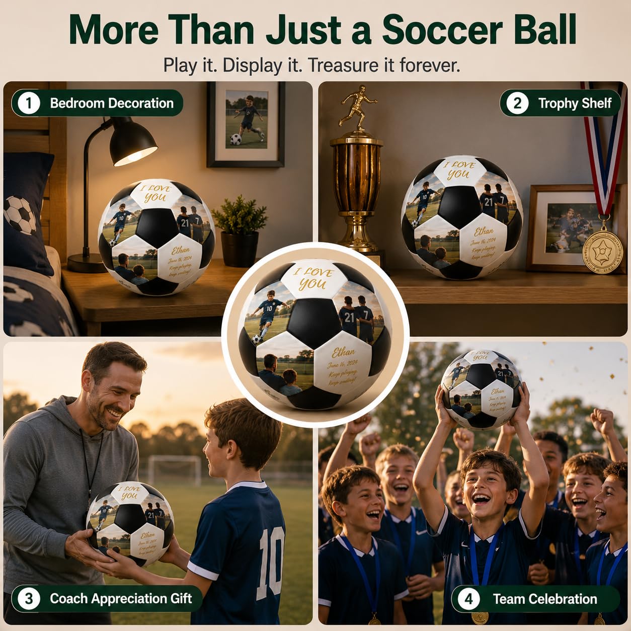 Personalisierte Fußball mit Foto & Namen & Text, Fußball Personalisiert mit 5/10/15/20 Bildern, Größe 4 oder 5, Personalisierte Fussball Geschenk für Fußballfans, Sohn, Jungen, Mädchen & Trainer