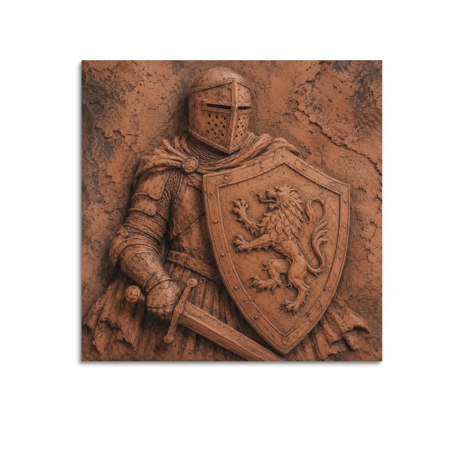 XKUGA Medieval Knight Terracotta Poster Lion Shield Armor Sculpture Modern Decorative Canvas Prints - Ideal Wall Art for Family, Man Cave, Game Room, Boys & Girls Bedroom 12x12inch(30x30cm)