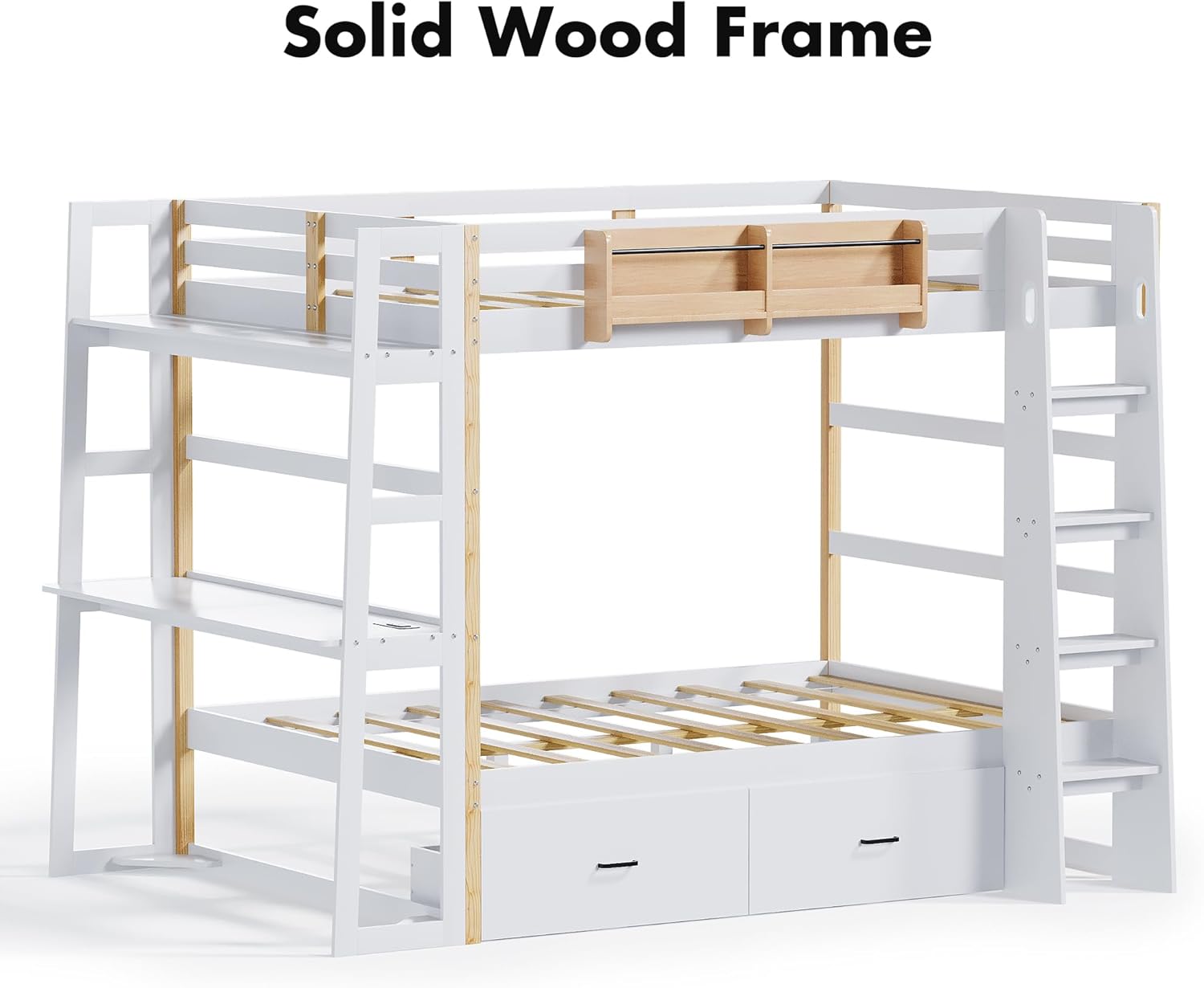 Close-up of the solid wood frame construction of the bunk bed