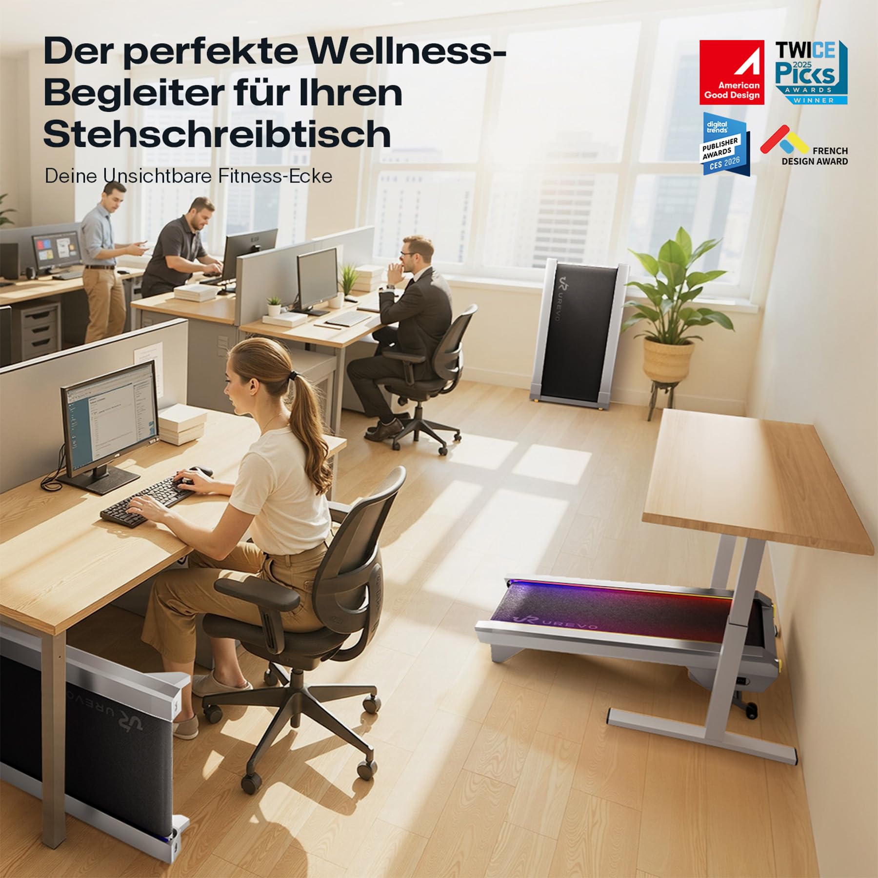 UREVO CyberPad Smart Walking Pad mit 14% Automatik-Steigung, Schlankes Untertisch-Laufband für Fitness im Büro, Leiser Brushless Motor, Großzügige Oberfläche, KI-gestützte App