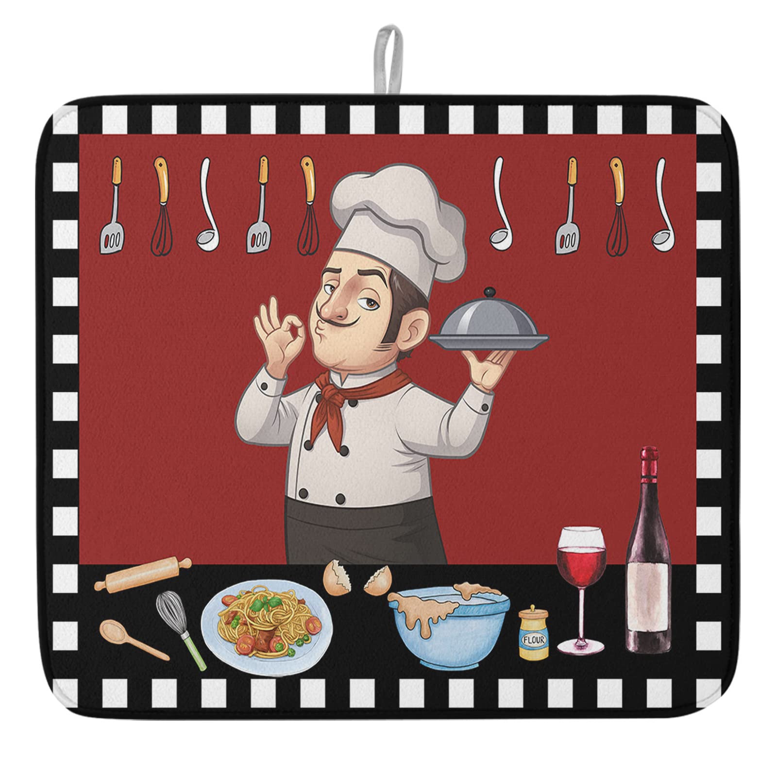 LIFEMUSION Chef Gourmet on Red Backdrop Dish Drying Mat for Kitchen Counter, Black White Checkered Baby Bottle Microfiber Drying Pad, Absorbent Coffee Cup Dishes Drainer Mats 18''x24''