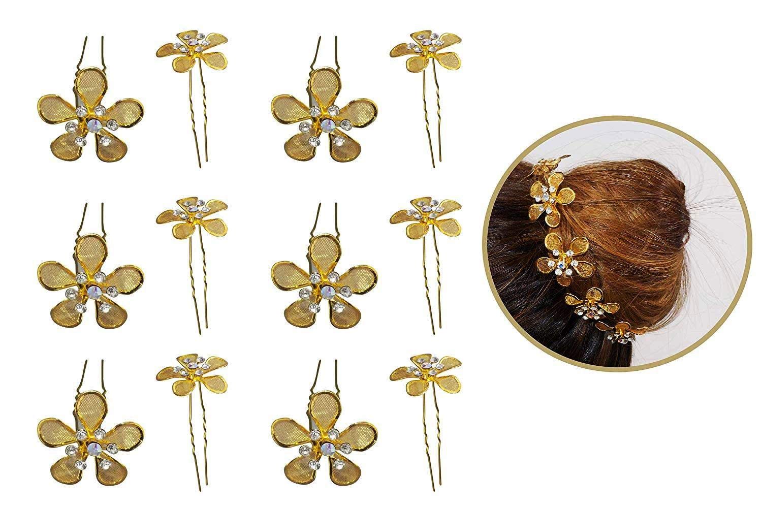 Drishti Hair Bun Pin Fancy Juda Pins with crystal rhinestone for Women and Girls 1 box Set of 12 Pin Golden Flower 1