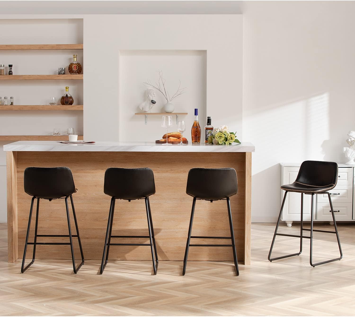 HeuGah Bar Stools Set of 4,Faux Leather Counter Height Bar Stools,26" Bar Chairs with Back,Modern Counter Stool for Kitchen Island