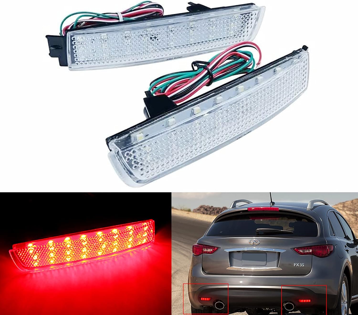 Xinctai LED Rear Bumper Reflector Lights Tail Brake Lamp Compatible with Infiniti FX35 FX37 FX50 Nissan Juke Murano Sentra Quest (Red Lens)