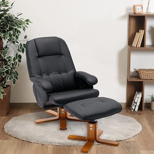 Sillón reclinable giratorio con reposapiés otomano, silla de masaje de piel sintética con base de madera, silla de oficina ergonómica, silla de