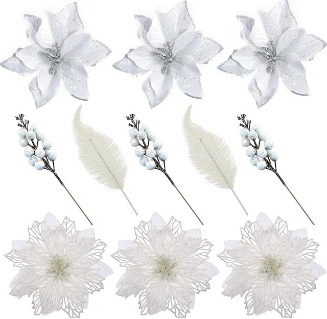 Yueshop 15PCS Christmas Artificial Poinsettia Flowers,Glitter Xmas Flowers Set with Holly Berry Stems Glitter Leaves for Christmas Tree Ornament Wedding Party Wreath Decorations(White)