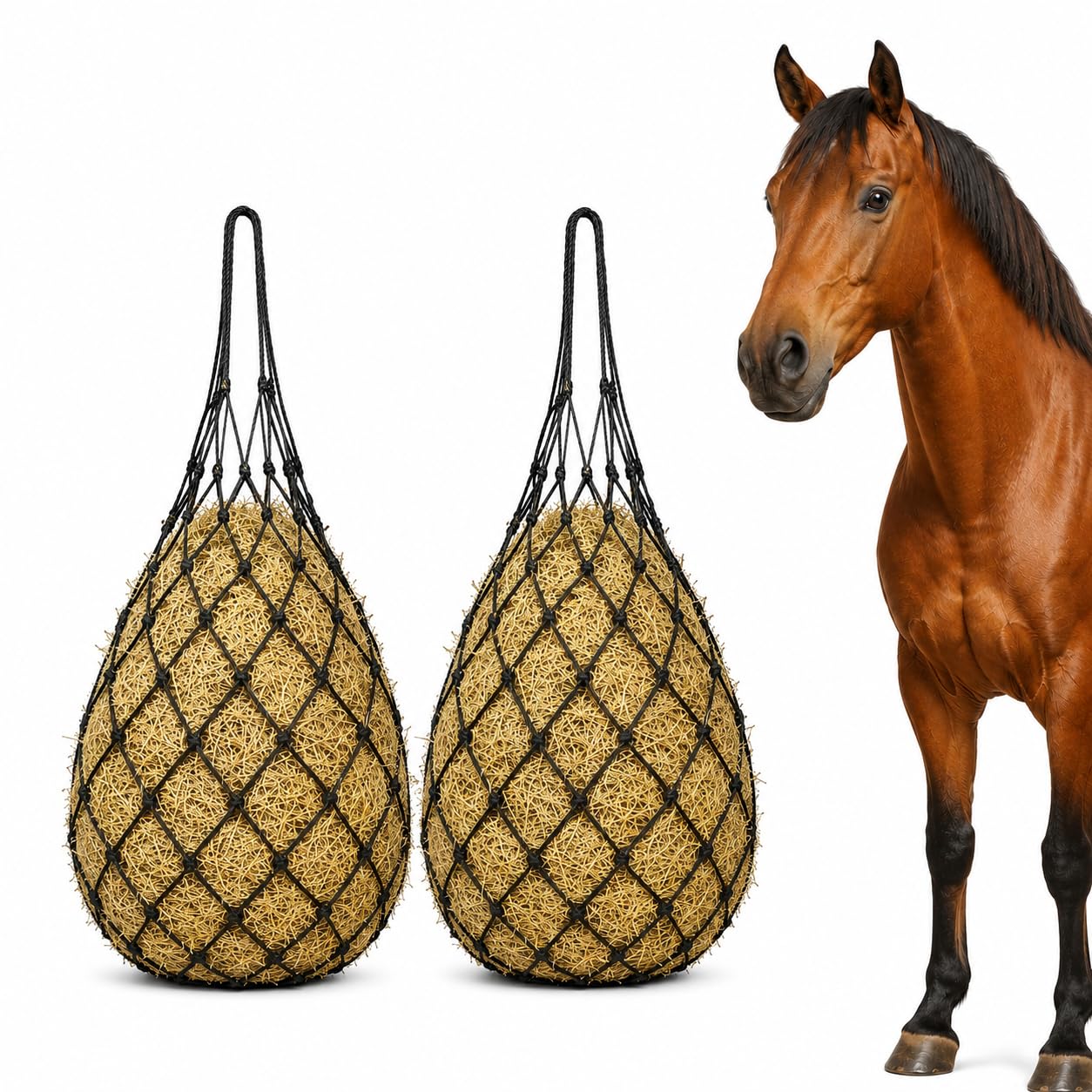 2 Piezas Red de Heno para Caballos, Malla de 5 x 5 cm, Bolsa de Heno para Alimentación Lenta, para Establo, Remolque, Ponis y Cabras (Negro)