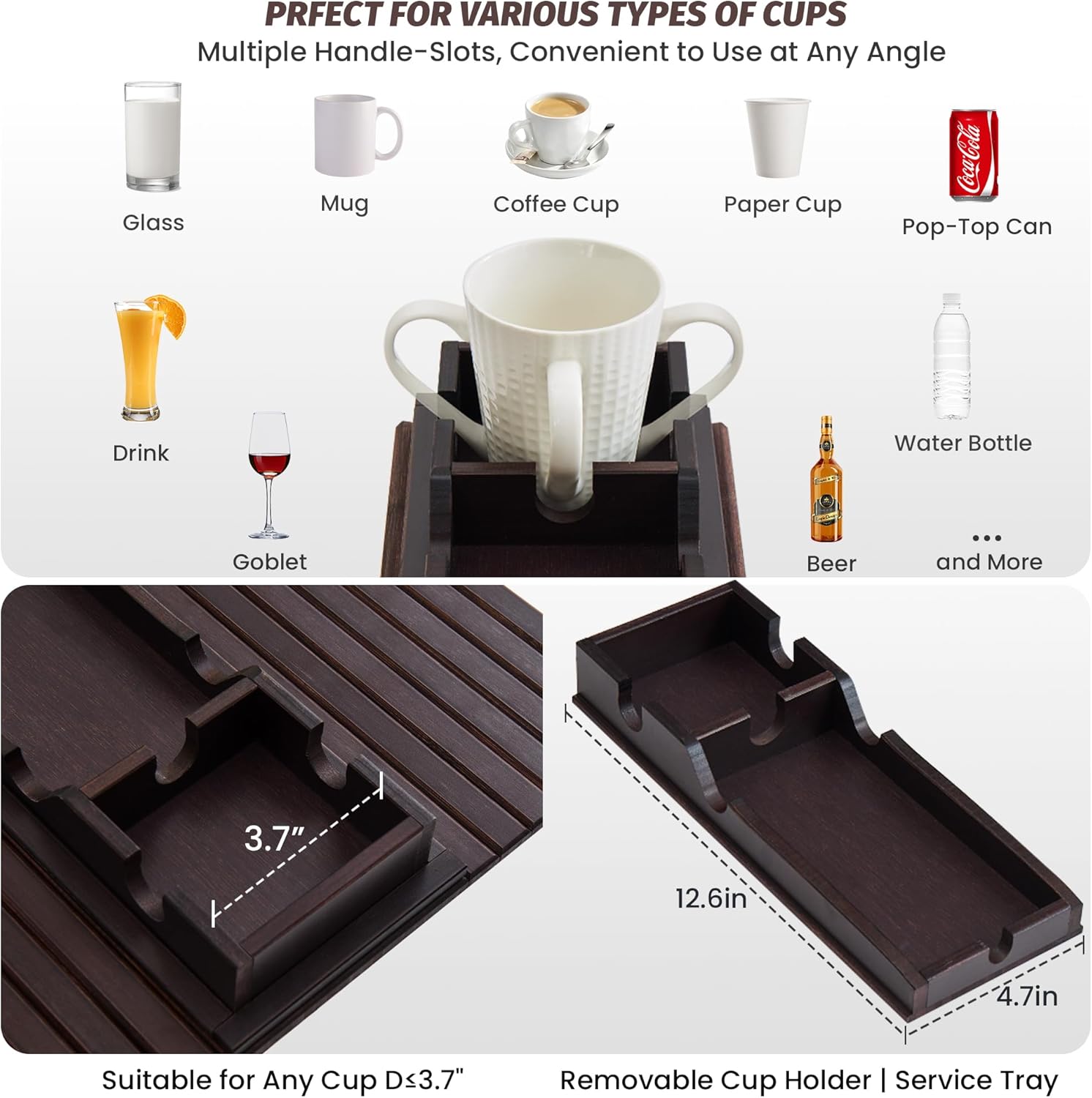 GEHE Detachable Couch Cup Holder, Anti Falling Sofa Arm Tray, Natural Bamboo Sofa Cup Holder More Safe for You Family, Portable Couch Arm Tray Armrest Table for Remote, Snacks, Phone, Drinks