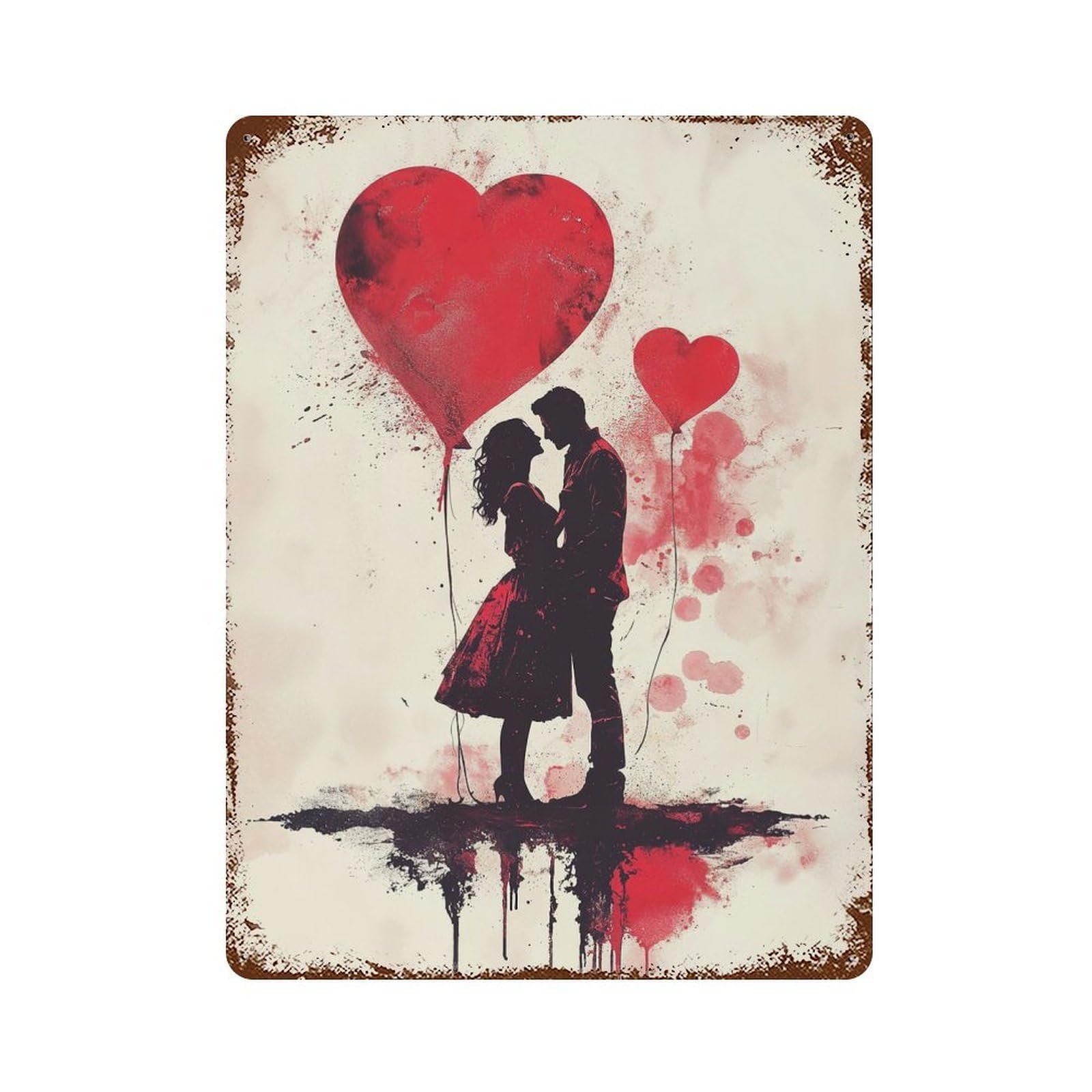 Couple with Heart Balloons 15.7"x11.8" Weathered Tin Sign, Shabby Chic Decor for Farmhouse, Kitchen And Entryway Decor