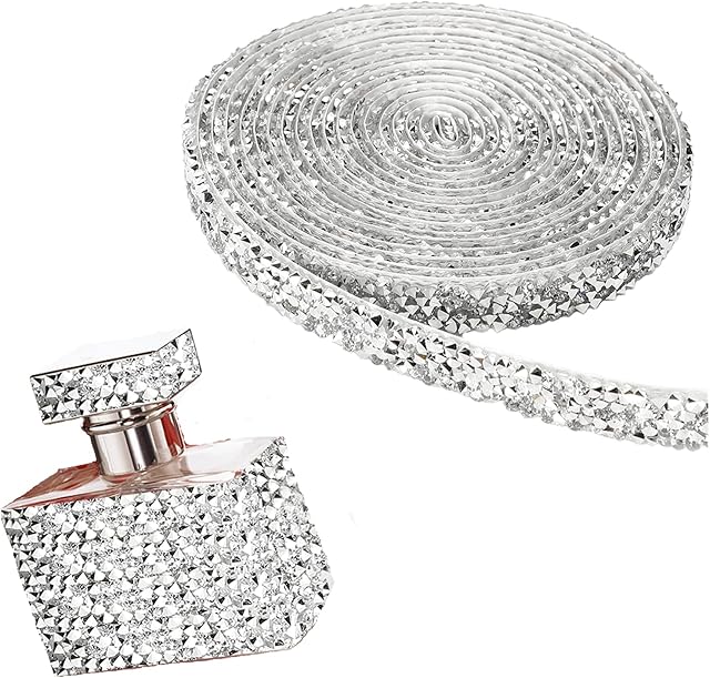 3 Yards Self Adhesive Rhinestone Strips, Resin Rhinestone Ribbons for Crafting, Crystal Ribbon Roll Glitter Resin Diamond Belt Bling Rhinestone Ribbon for DIY Art Crafts(Silver)