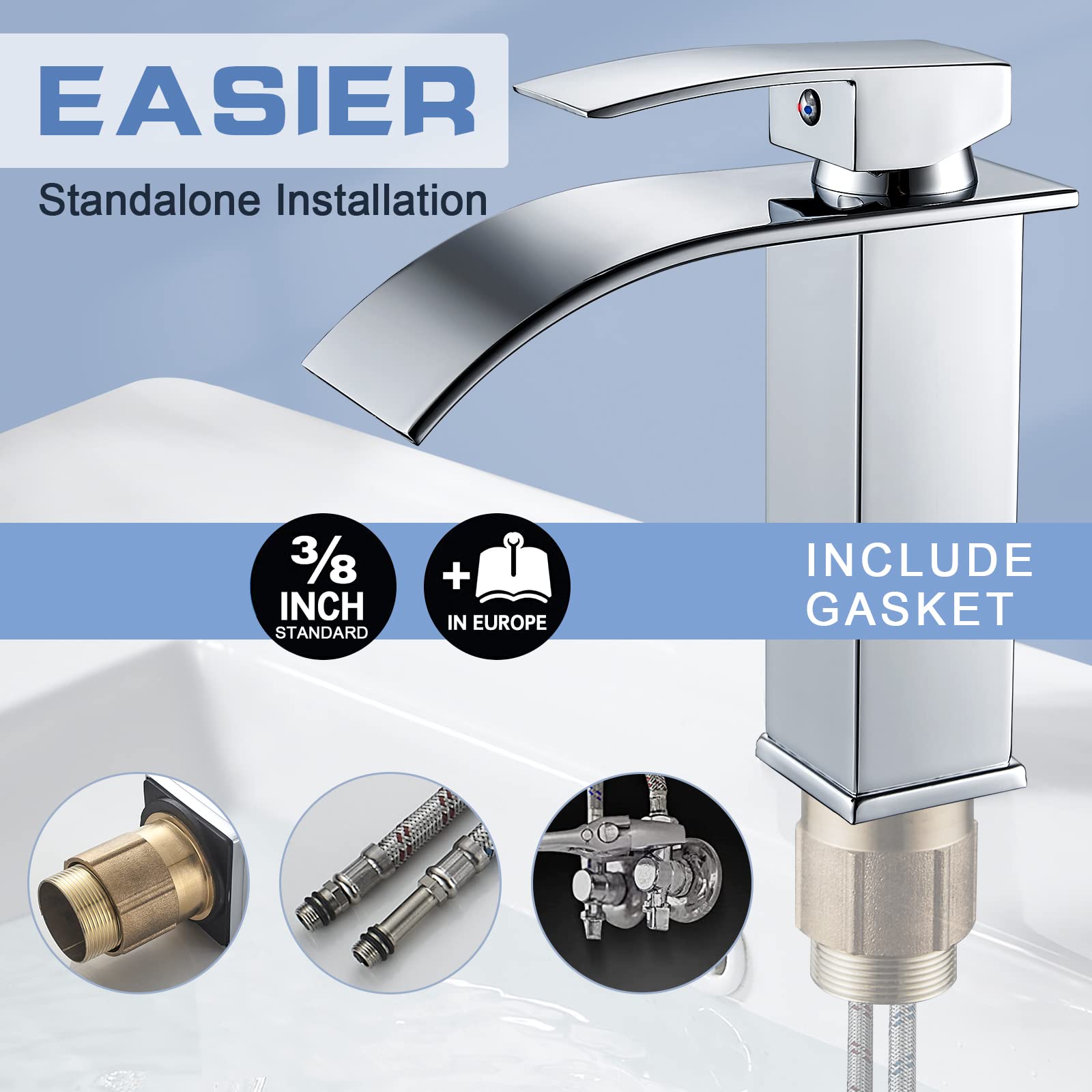 kisimixer Grifo de Lavabo Cascada Moderno, Mezclador Monomando Lavabo de Latón, Grifo de Baño Cascada con Prima Valvula de Ceramica, Agua Fria y Caliente Disponible, Cromado