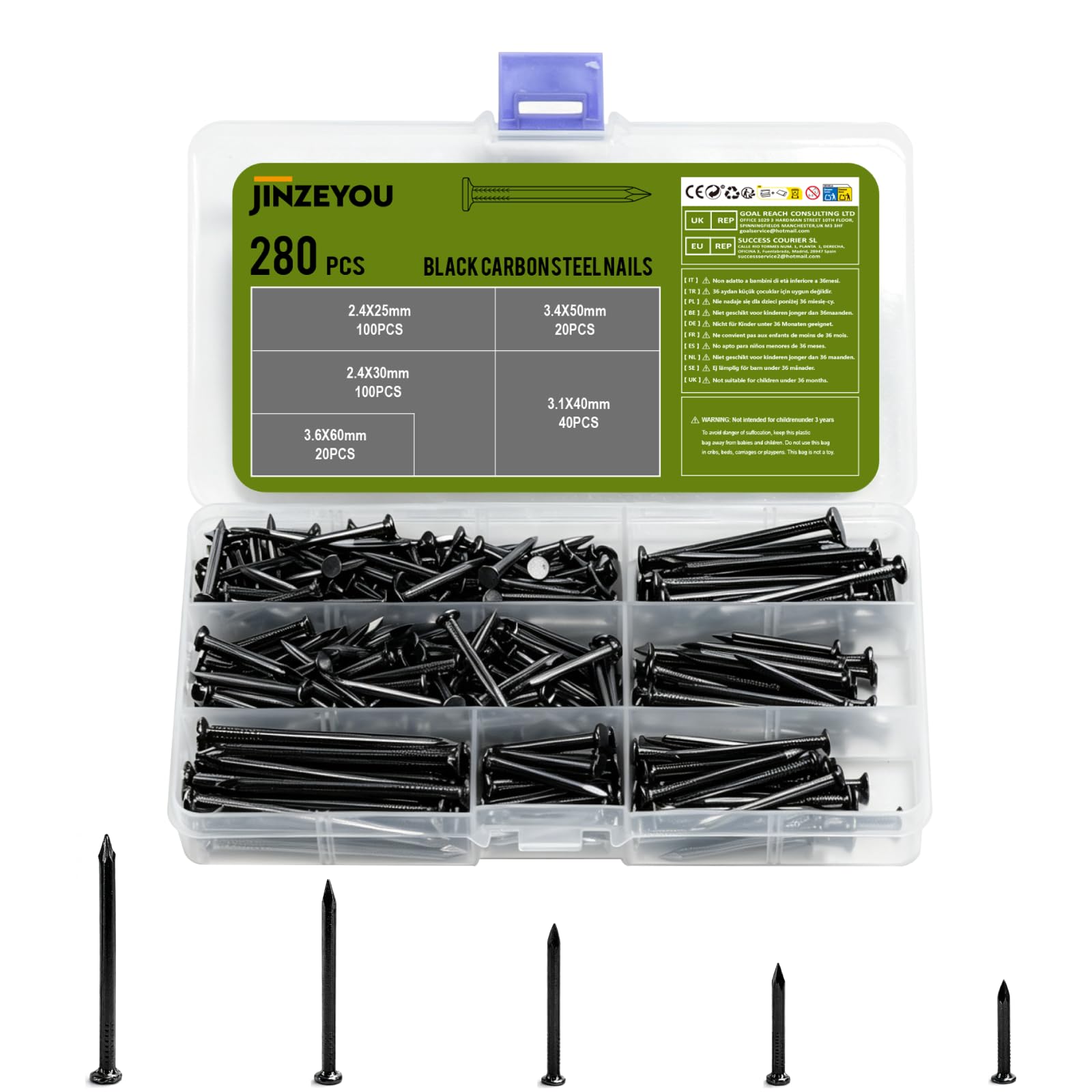 280 Pcs Wall Nails for Wood Nailss, Masonry Nails for Brick Walls, Assorted Picture Nailss, for Fixing Indoor Outdoor DIY Carpentry Fencing Fence Drywall Concrete Wall Nail Set(Black)