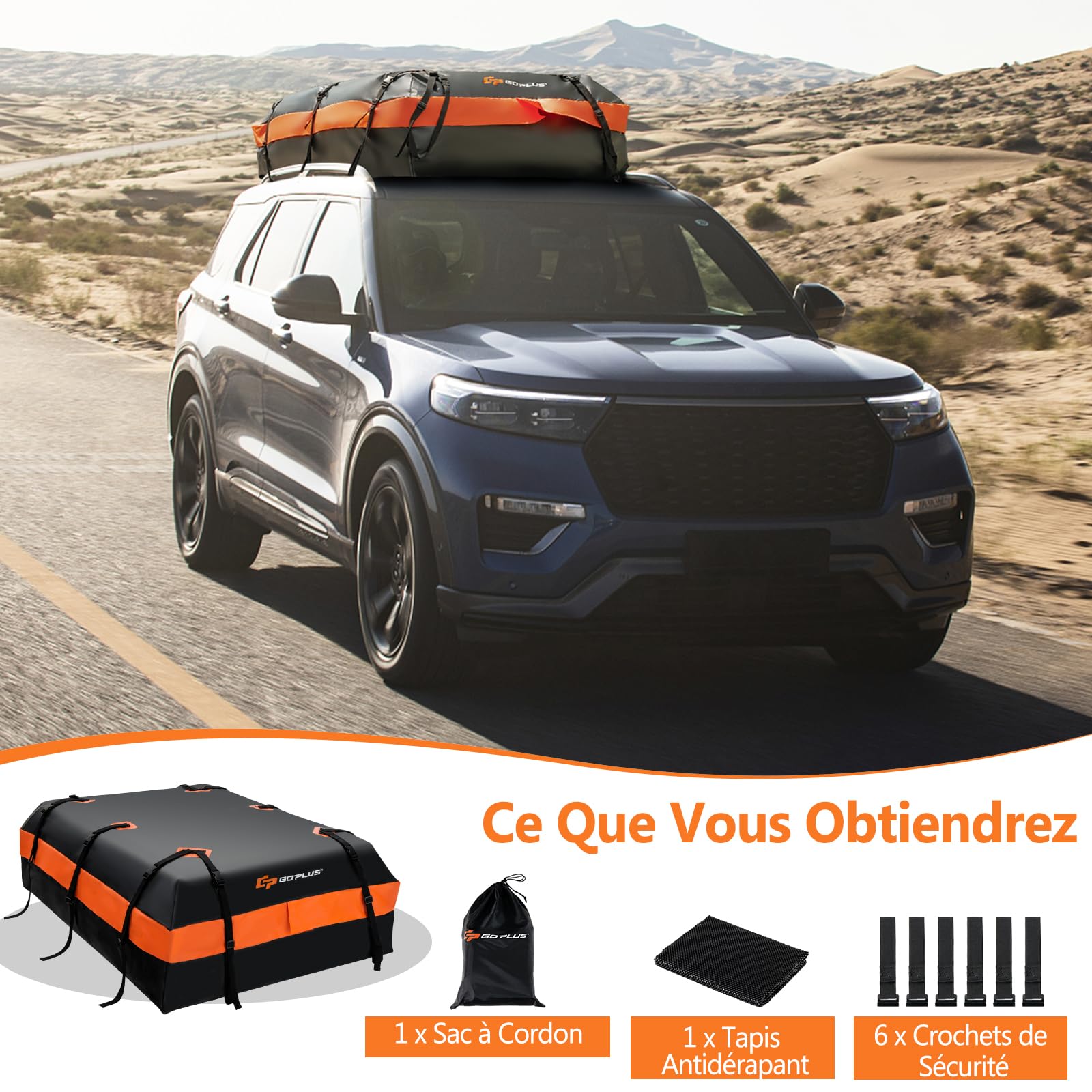 GOPLUS Sac de Toit de Voiture de 21 Pieds Cubes, Sac de Transport Étanche sur Le Toit avec 10 Sangles Renforcées, 6 Crochets de Porte, Tapis Antidérapant et Sac de Rangement, pour Tous Les véhicules