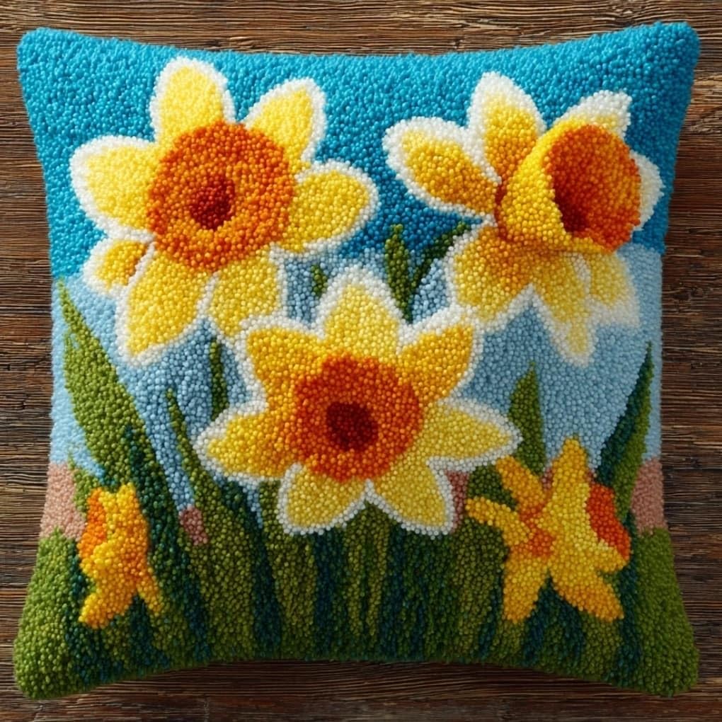WallustrioaW Latch Hook Kit Cushion Daffodils 43Cmx43Cm Latch Hook Kit DIY Pillow Materials Package Hooks Knitted Embroidered Carpet Pillow Embroidery
