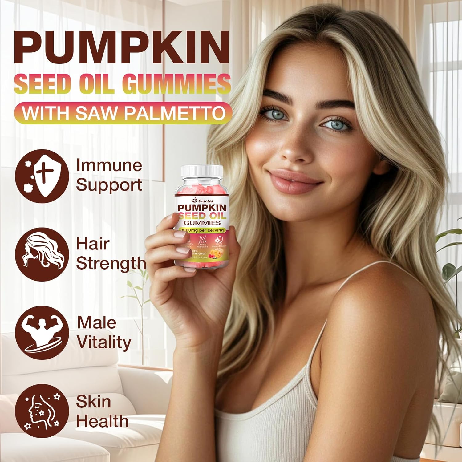 Sugar-Free Pumpkin Seed Oil Gummies with Saw Palmetto for Hair Growth - Organic Supplement for Skin Health & Prostate Support - High-Purity Extract for Women & Men, Raspberry Flavor, 60 Count - Image 3