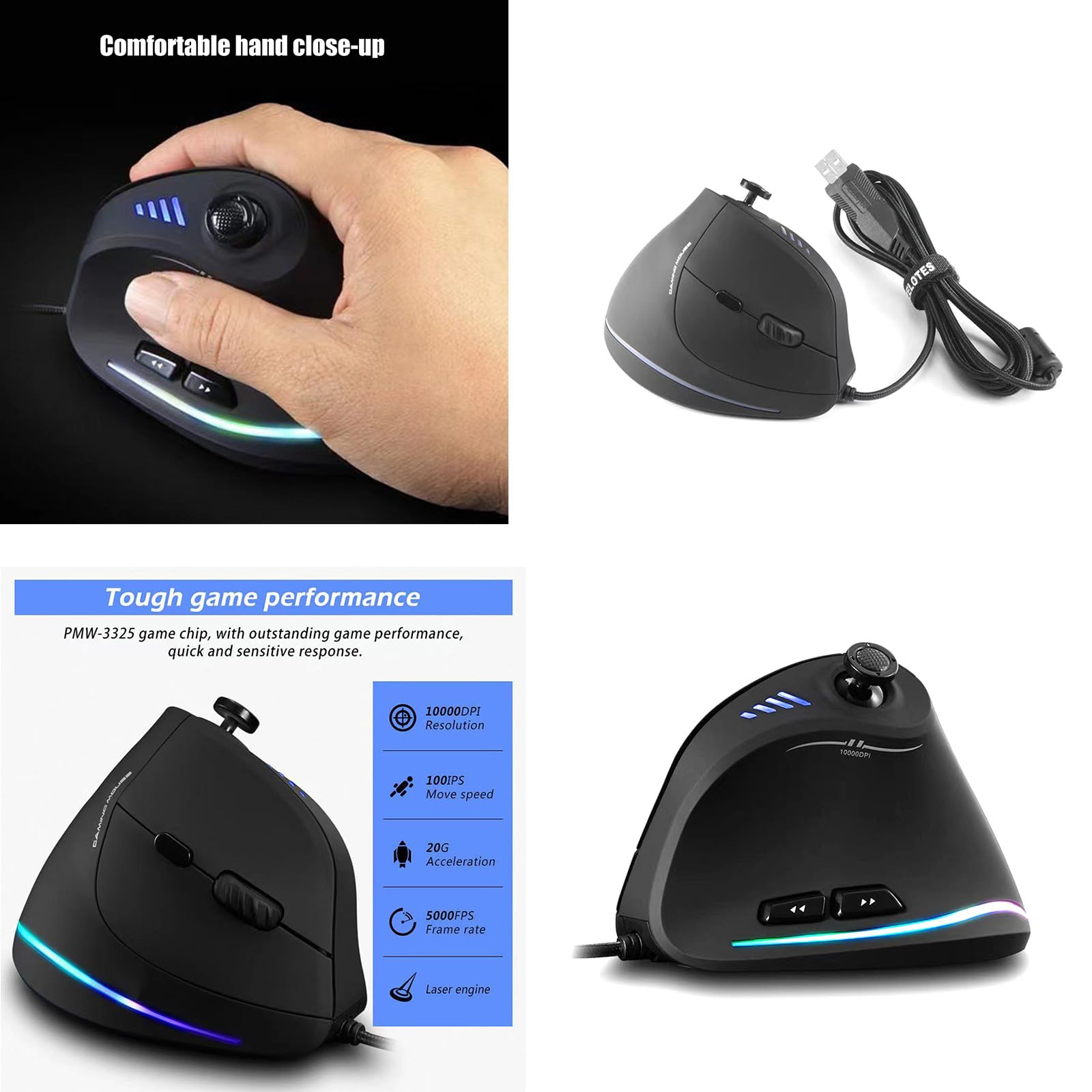 PLCPDM Da gioco verticale Joystick ergonomico con cavo programmabile 10000 DPI per Giocatori computer Accessori per