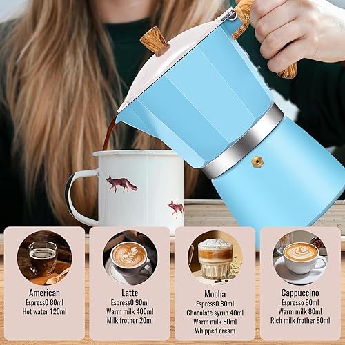 Miniatura 7 de Cafetera clásica de aluminio para 12 tazas, 20.3 fl oz, 20 onzas, cafetera de café moca, olla greca, cafetera para café italiano y cubano, color azul