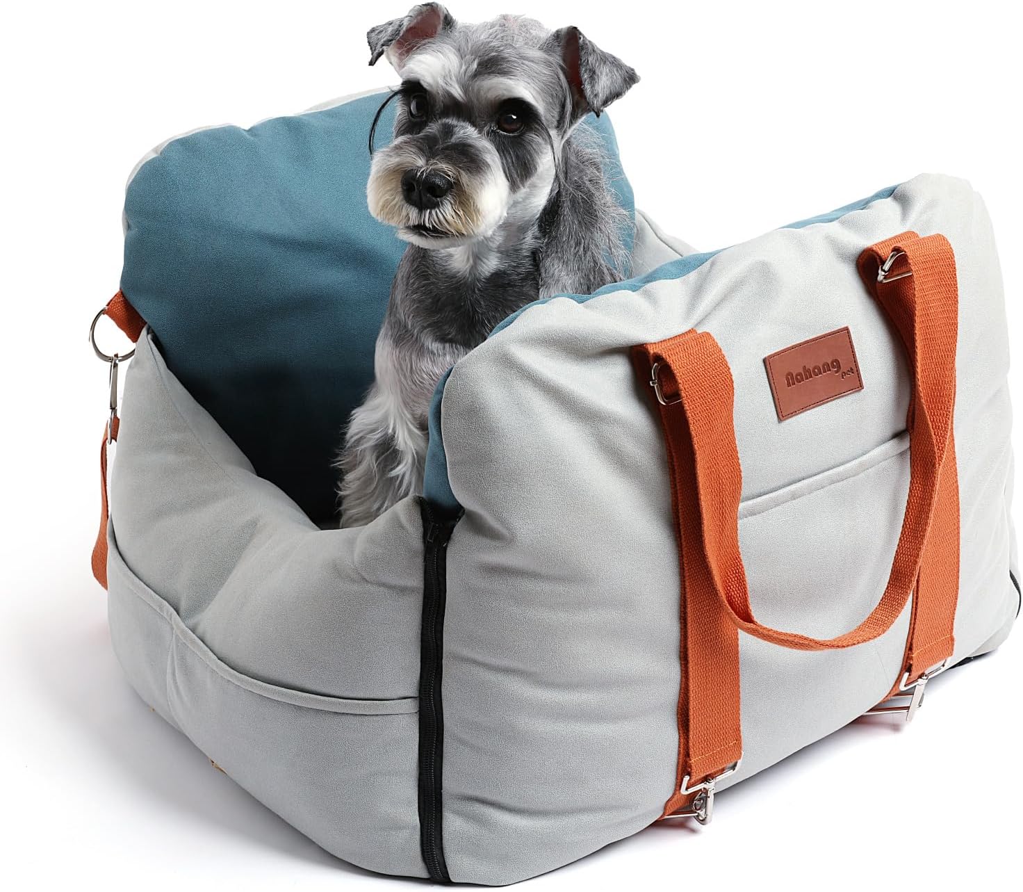 Leath-Aire Dog Car Seat - Scratch Resistant, Waterproof Booster Seat with Storage Pockets and Clip-On Safety Leash, Portable Dog Travel Carrier Bed up to 25lbs (Grey/Blue)