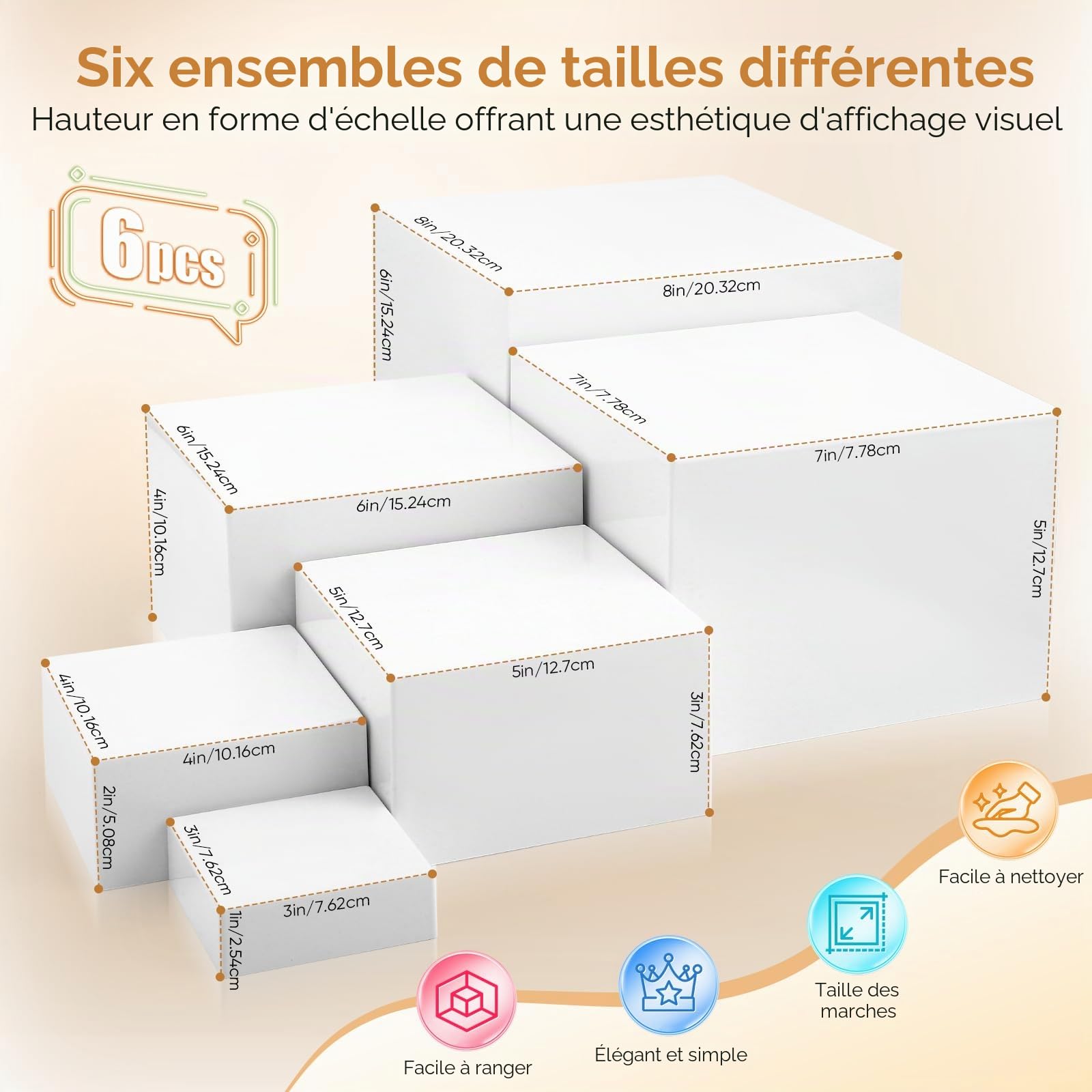 Lot de 6 présentoirs de buffet en acrylique blanc de 7,5 à 20 cm de hauteur - Présentoir à dessert pour restauration