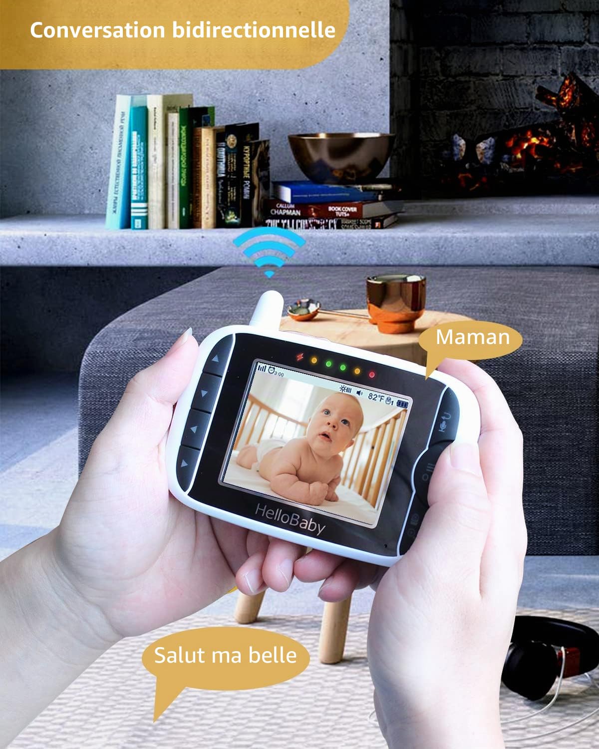 HelloBaby Moniteur bébé Hello Baby avec caméra et audio, écran LCD de 8,1 cm, rotation à 355° horizontalement et 120° verticalement, mode ECO, audio bidirectionnel, vision nocturne, surveillance de la