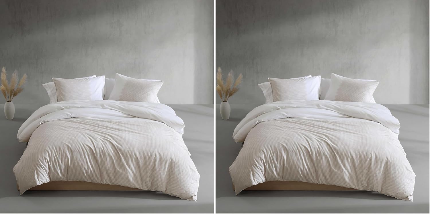 Calvin Klein - King Duvet Cover Set, Soft Cotton Percale Bedding, Ikat Pinstripe Home Decor (Neutral Pink, King)