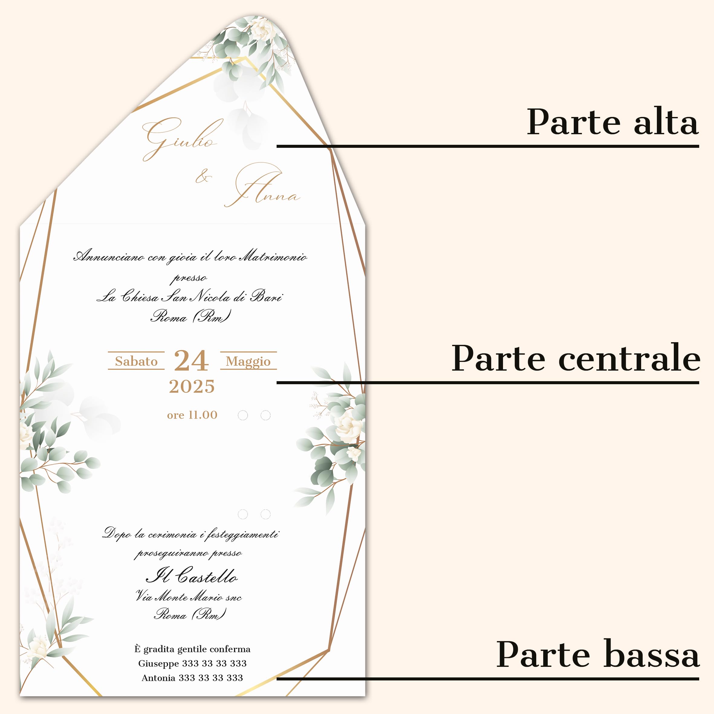 PV Grafik® 15 Partecipazioni Matrimonio Personalizzate, Inviti Matrimonio a Busta, Invito Partecipazione Nozze, Sposi, 15x28 cm Nastrino inclusa, Personalizza invito e scegli la quantità. (M40)