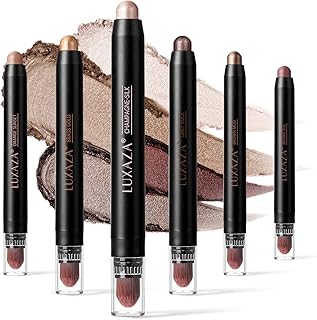 LUXAZA 6 PCS Brown Neutral Metallic Eyeshadow Stick Set, Champagne Cream Eye Shadow Pencil Crayon Brightener Highlighter Makeup Stick Kit, Hypoallergenic Waterproof Shimmer Eyeliner Make Up