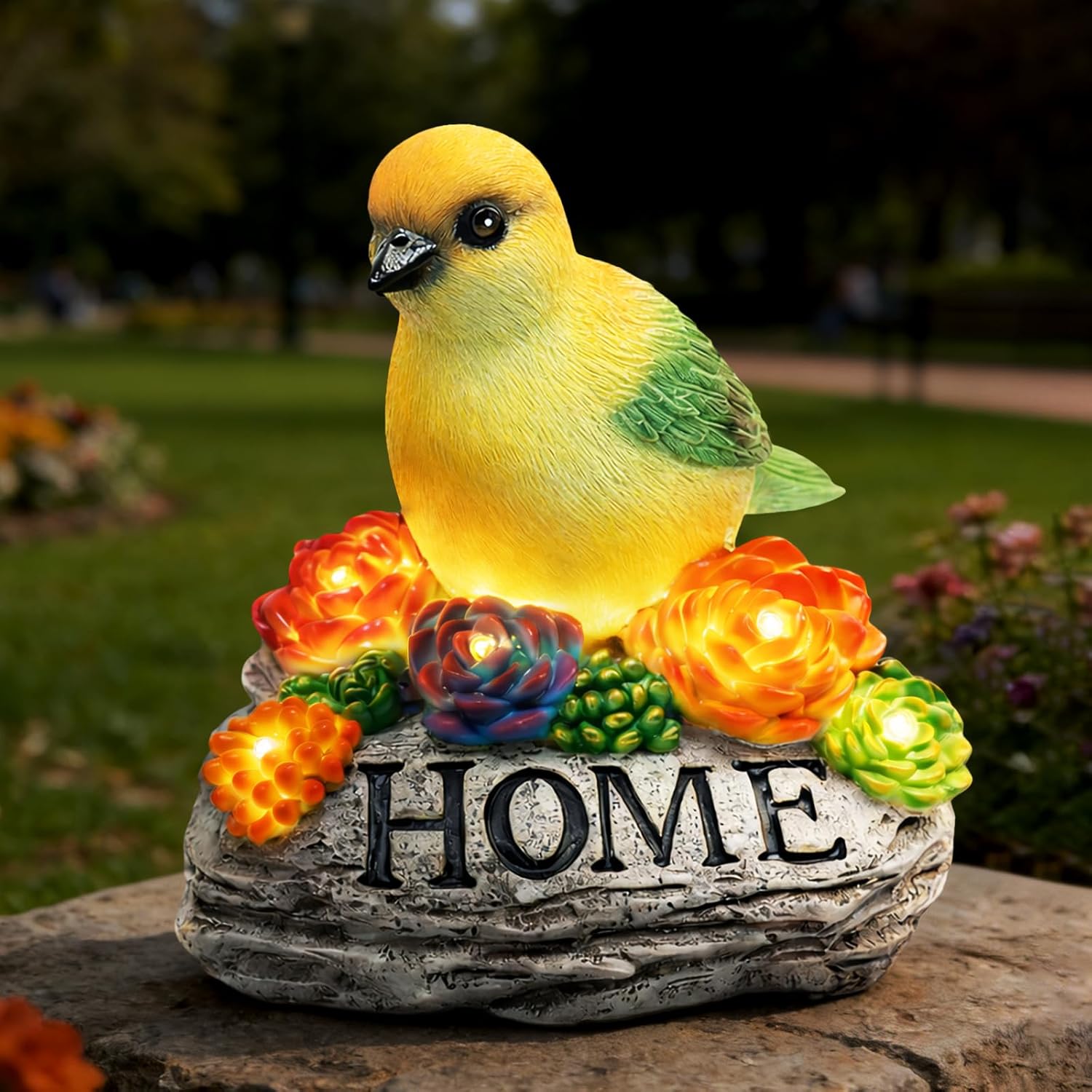DECOUE Solar Garden Statue with Bird & “Home” Sign, Solar Bird Light Outdoor Decor with Warm LED Glow, Garden Decor for Outside Yard Patio Walkway, Decorative Garden Statue with Succulent Accents