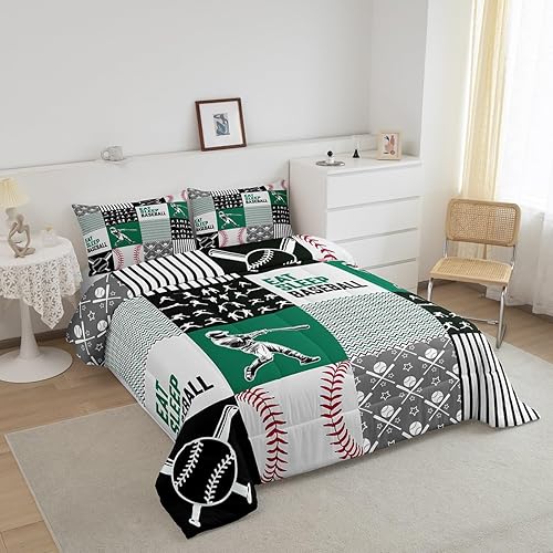 Miniatura 2 de Erosebridal Ropa de cama de béisbol tamaño matrimonial, juegos de edredón de jugador de béisbol para adolescentes y adultos, edredón de retazos de
