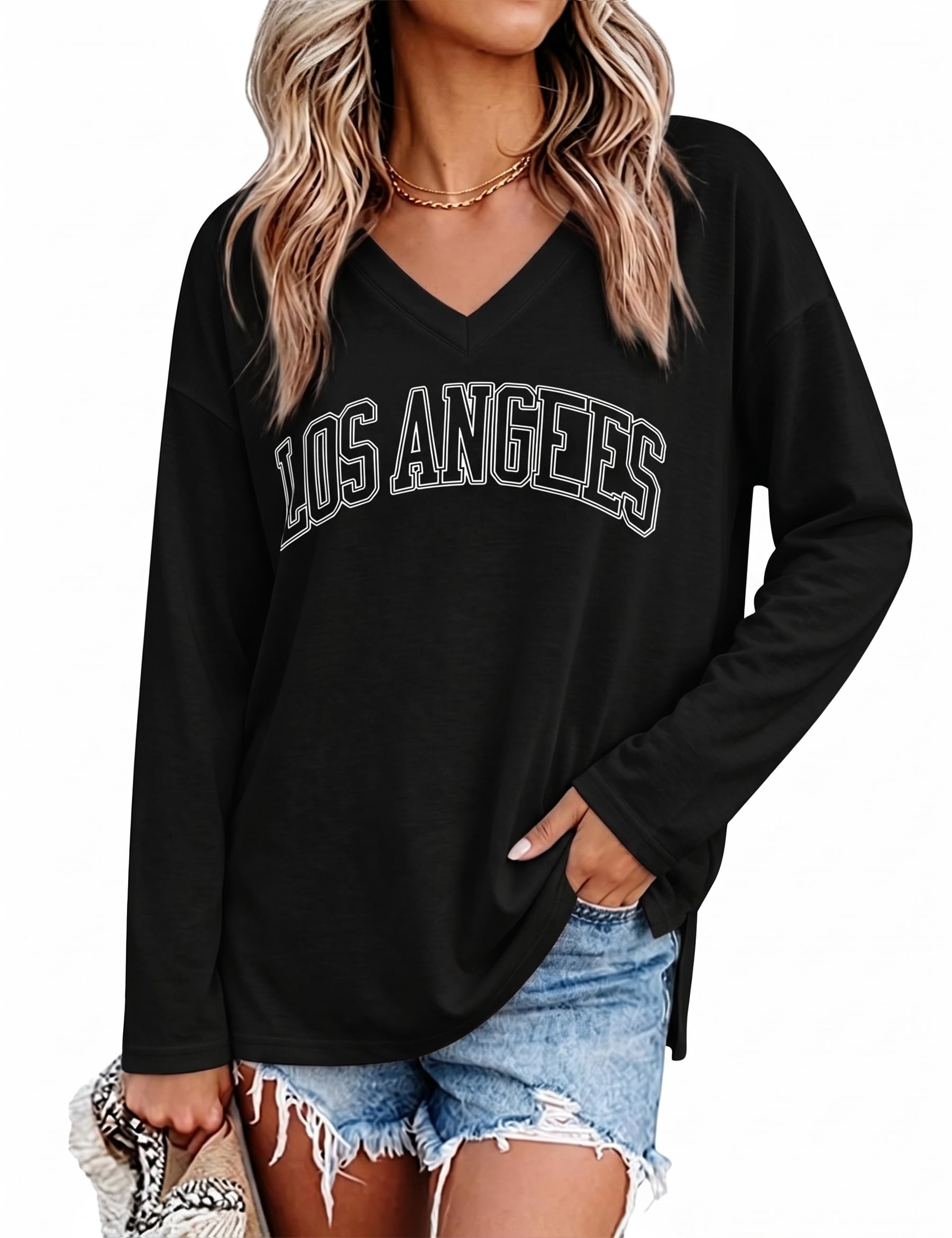 Demegimi Langarmshirt Damen Oversize V-Ausschnitt Tunika Longshirt